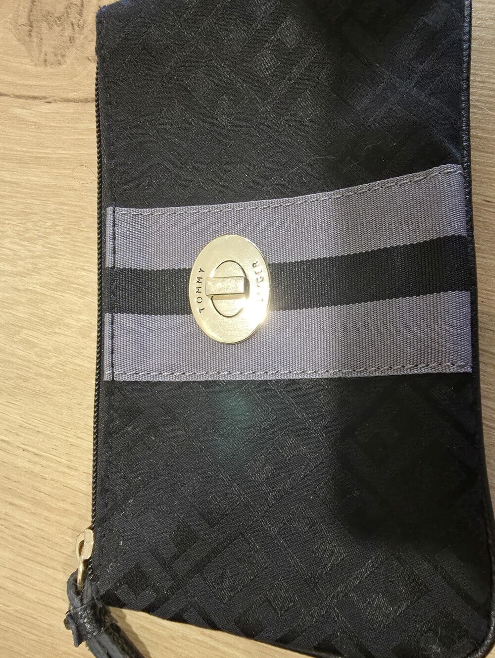 Tommy Hilfiger Black Wristlet Clutch with Gray Stripe and Gold-Tone Turnlock - Picture 2 of 4